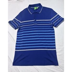 Hugo Boss Polo Shirt Mens M Blue S/S Logo Green Stripe Designer